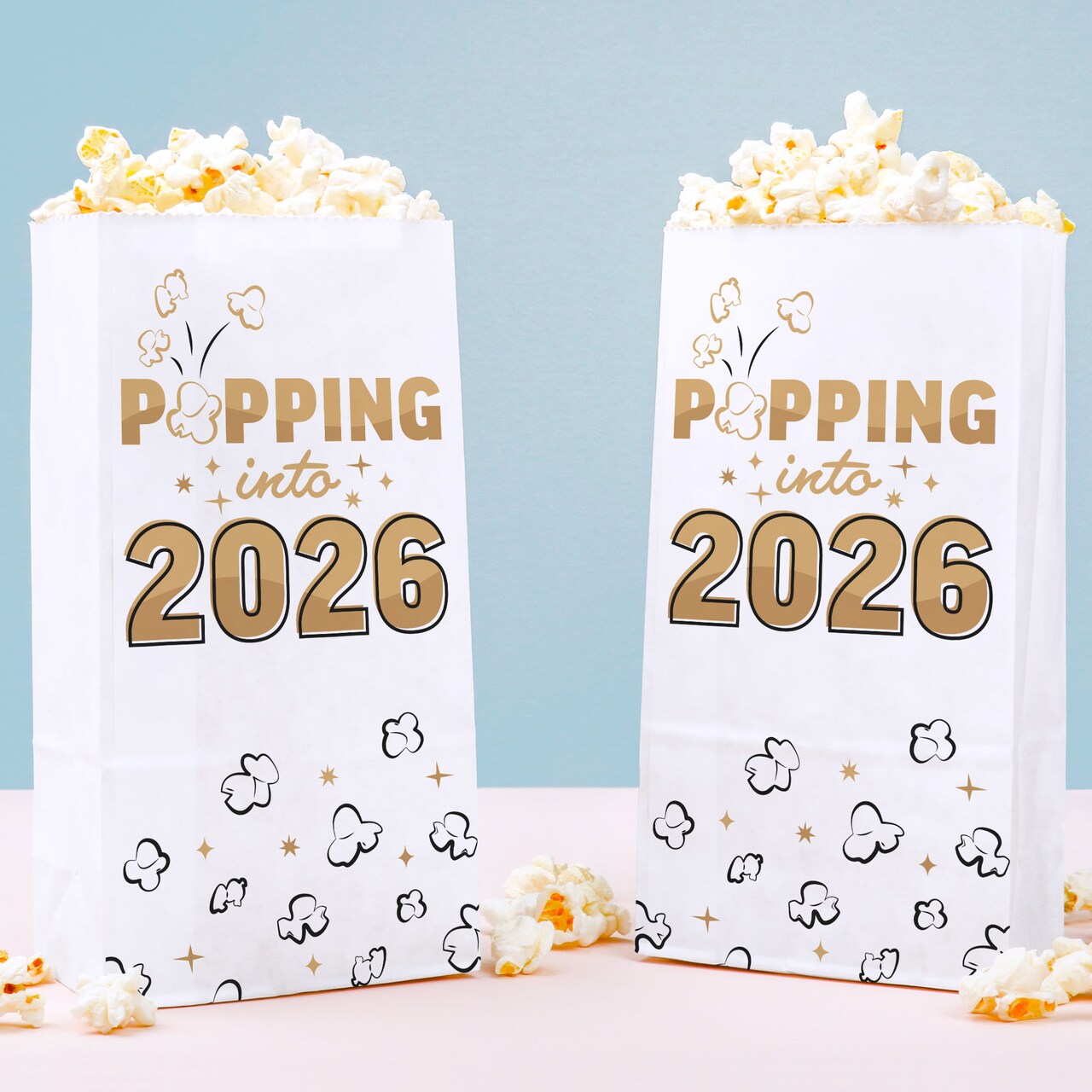 Big Dot of Happiness Hello New Year Popcorn Bags, Black & Gold Popping into 2026 NYE Party Treats, Free-Standing Individual White Paper Bags - 25 Ct